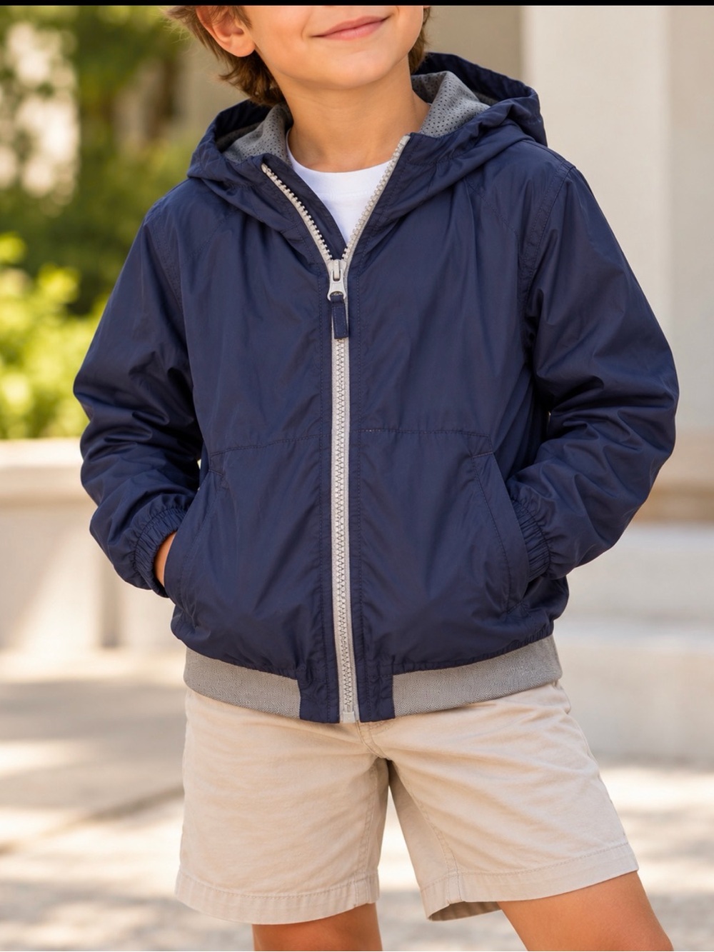 The Children's Place Navy Hooded Rain Jacket with Gray Trim Sz M 7/8